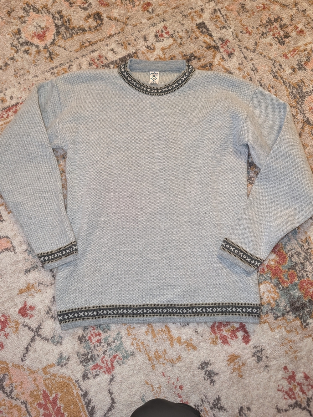 Andino Womens L Classic Grey Crewneck Sweater Pattern Trim Alpaca Cozy Winter